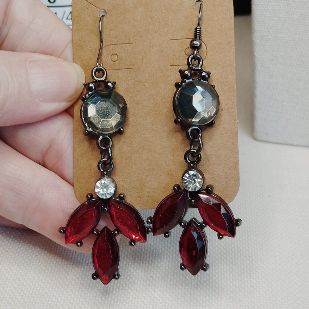 Gunmetal Red Marquise Dangle Earrings 3 Inch Statement Drop